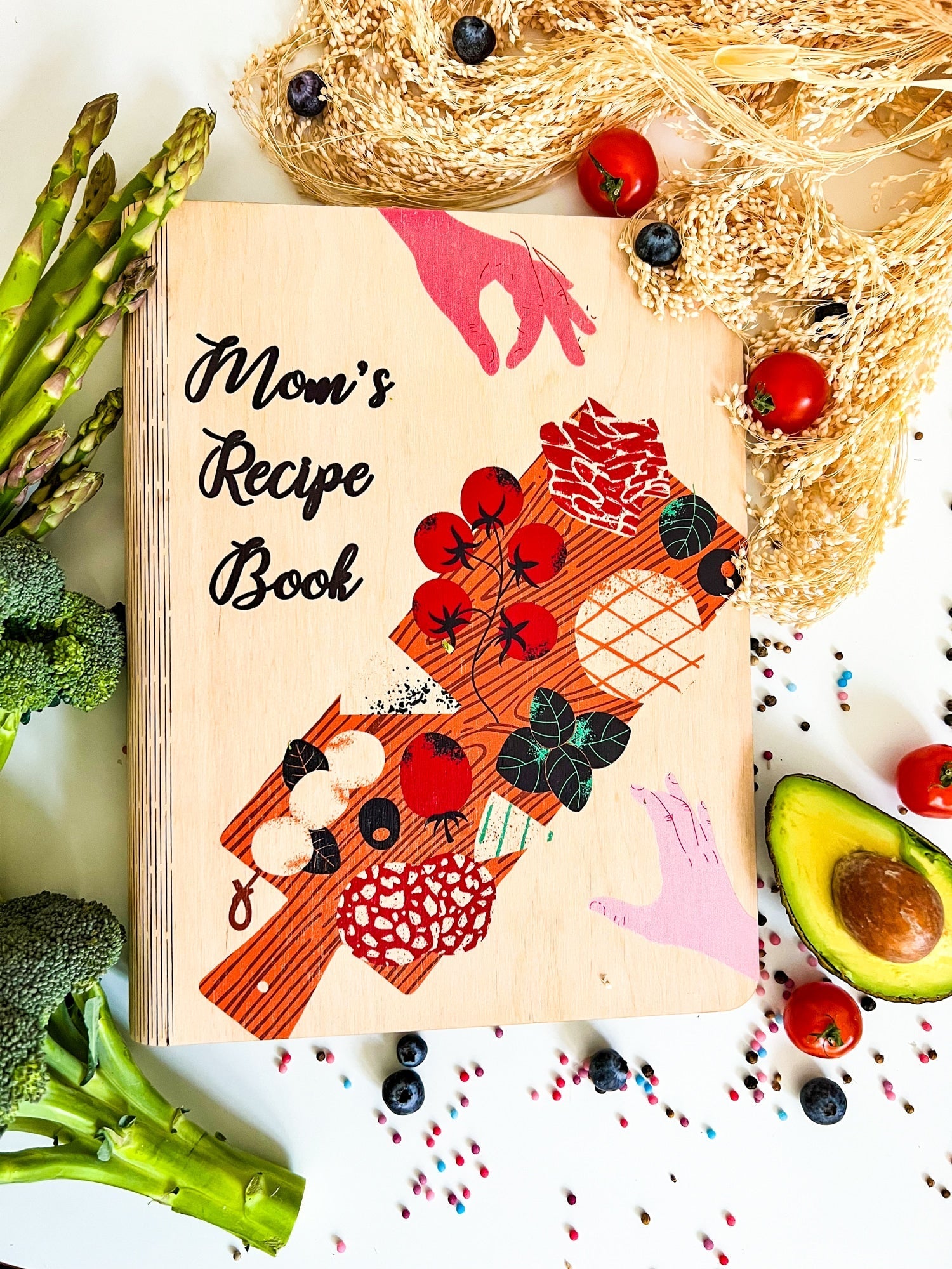 GIFT FOR MOM PERSONALIZED COLORFUL WOODEN RECIPE BOOK